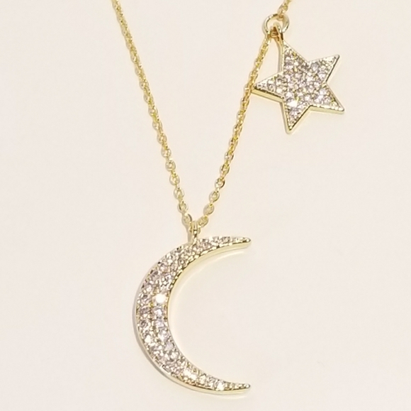 Jewelry - Bling Pave CZ Moon and Star Pendant Necklace NEW